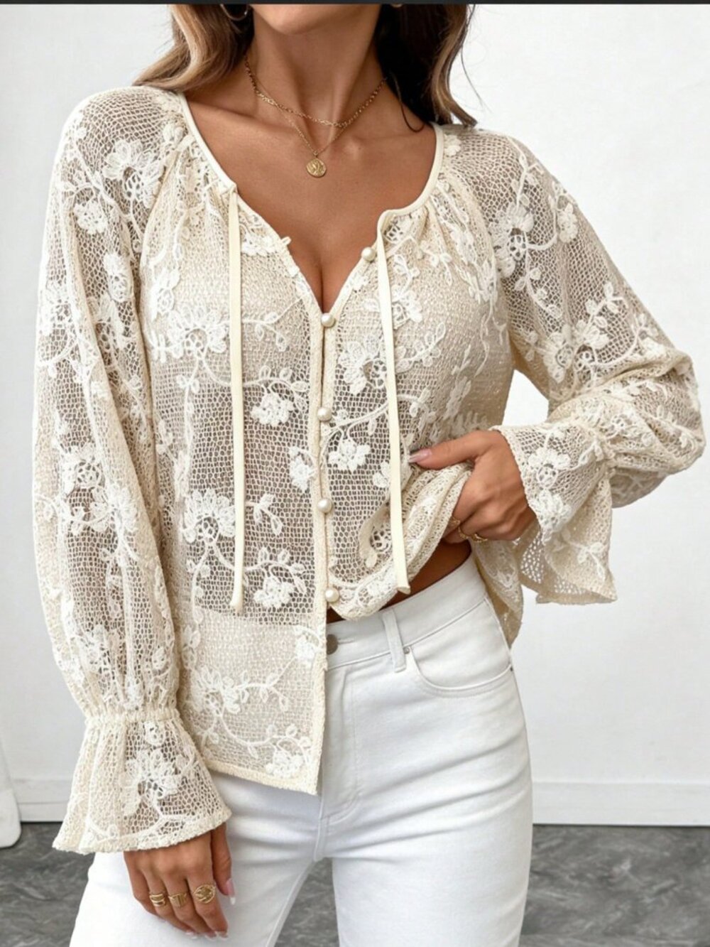 Apricot Casual Women's Floral Knit V-Neck Blouse with Pearl Buttons - Picture 4 of 7
